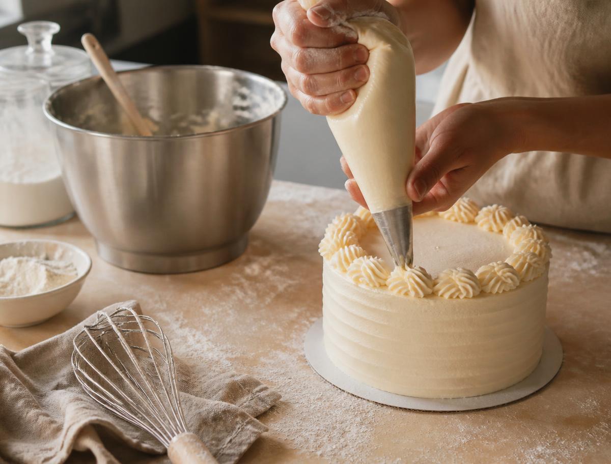 Baker piping buttercream onto a cake at Preyline the Baker
