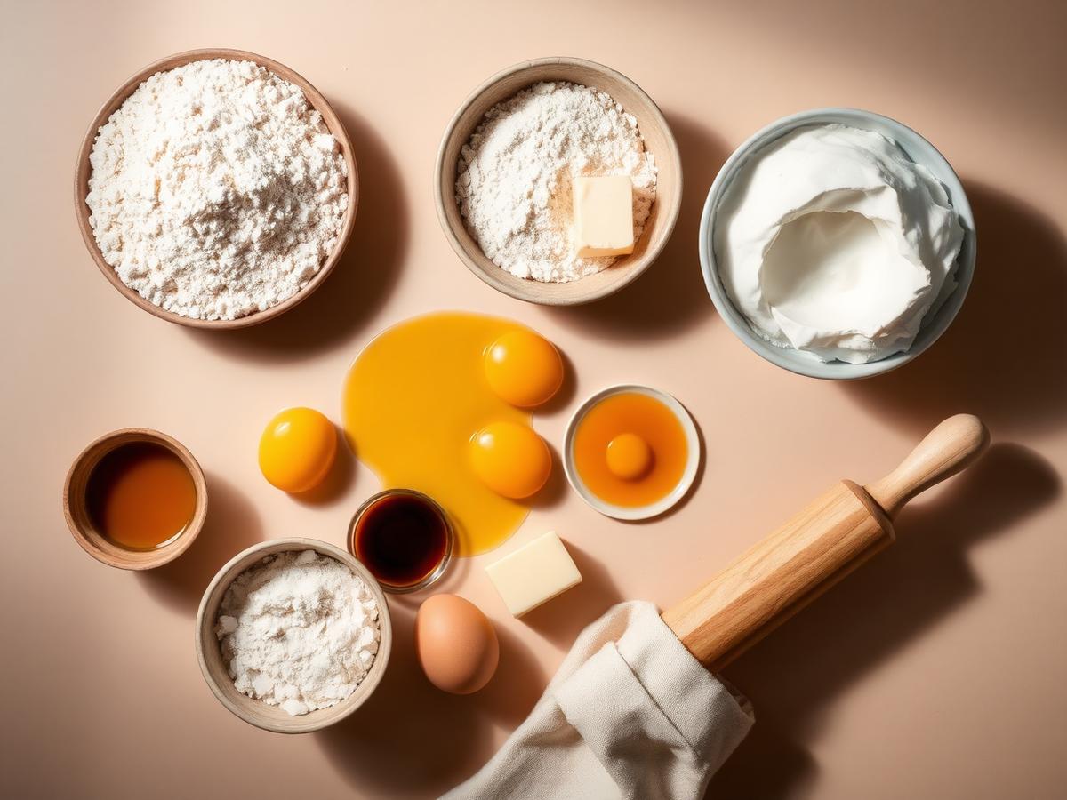 Flour, eggs, butter and vanilla arranged on a beige counter